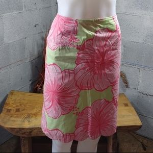 Lilly Pulitzer Lime Green With Pink Flowers Scalloped Hem Skirt Women’s Size 8